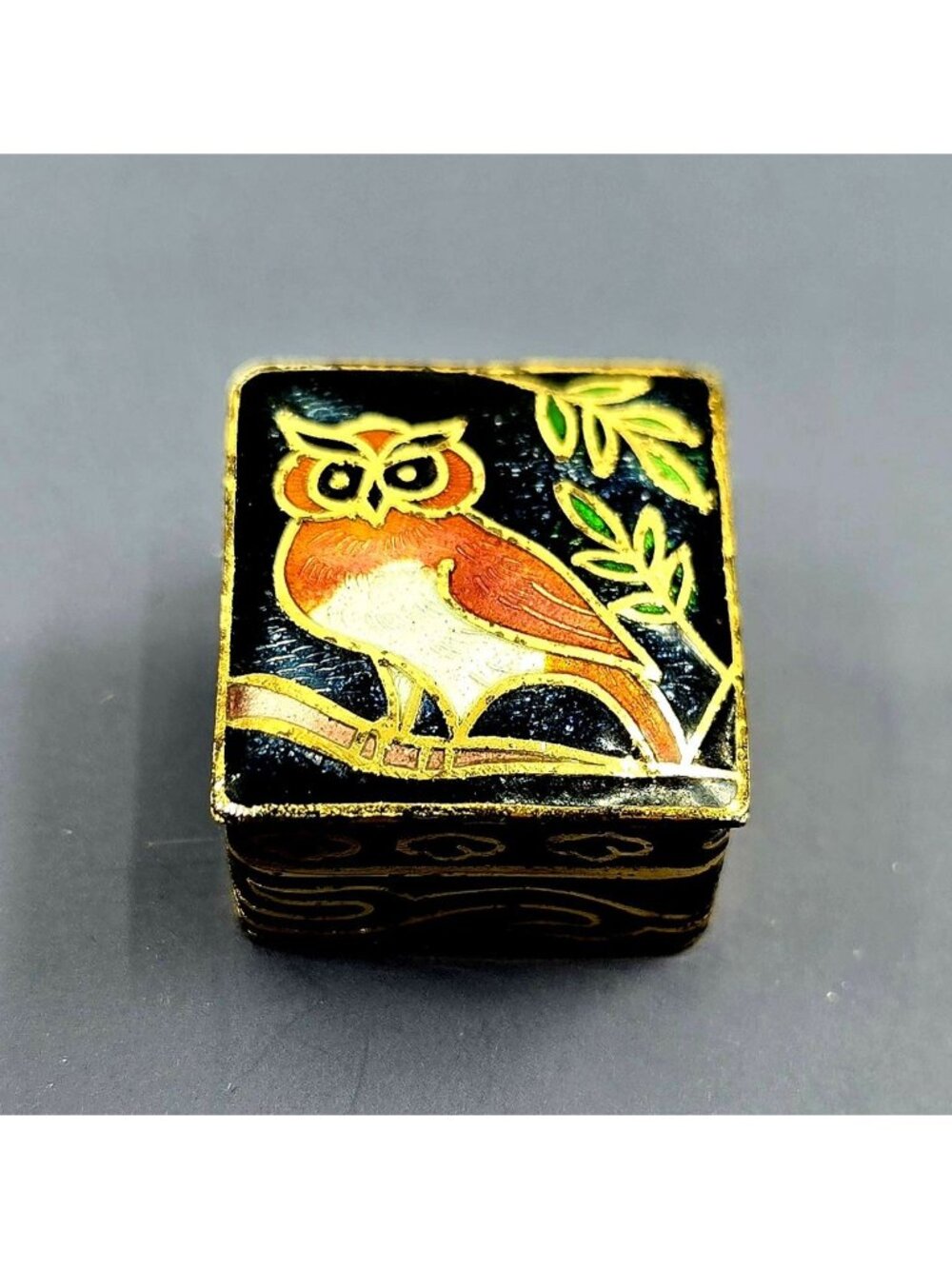 Vintage Cloisonné Trinket Box With Owl Design And Turquoise Interior